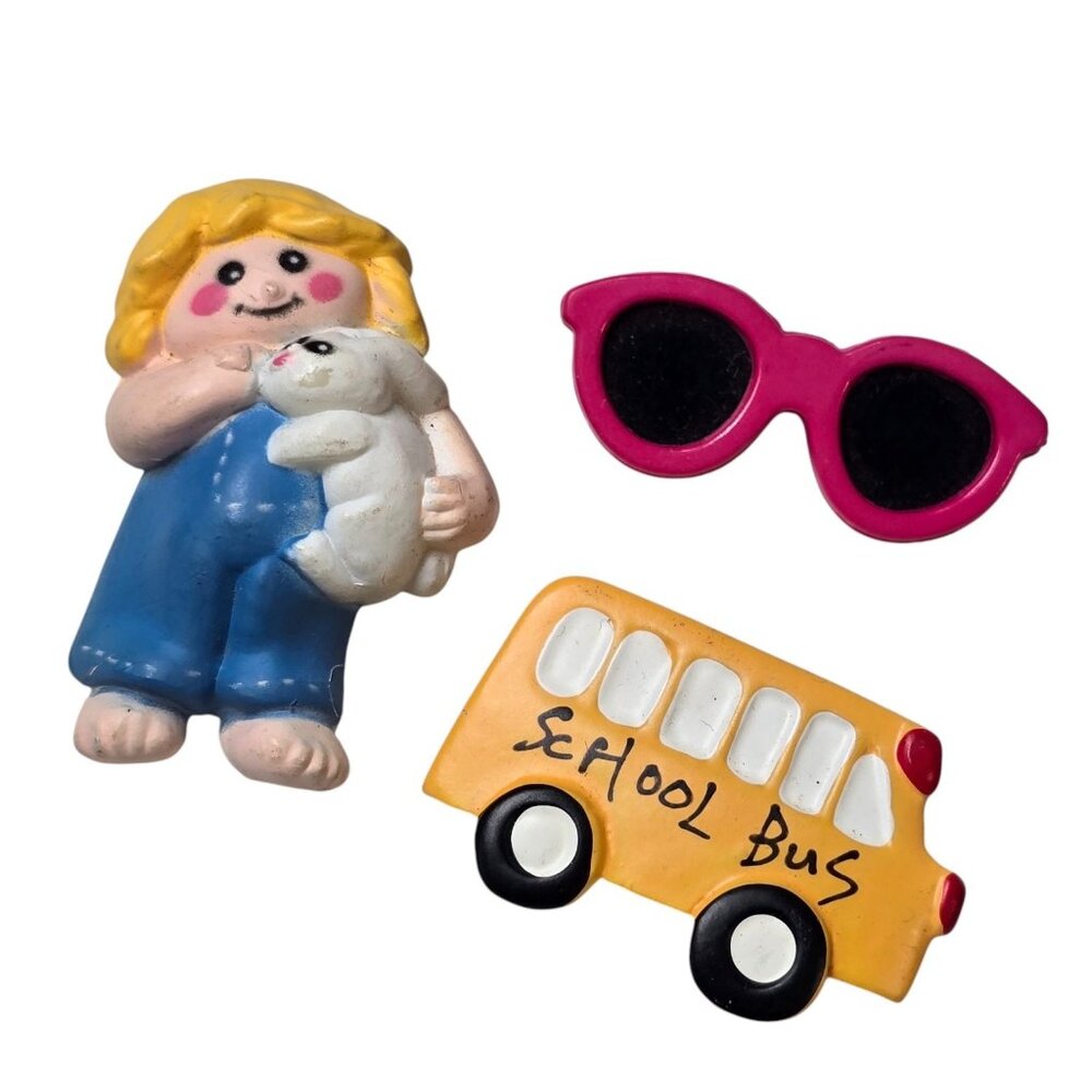 Vintage 80s Novelty Resin Pins Girl With Bunny School Bus Sunglasses Lot of 3